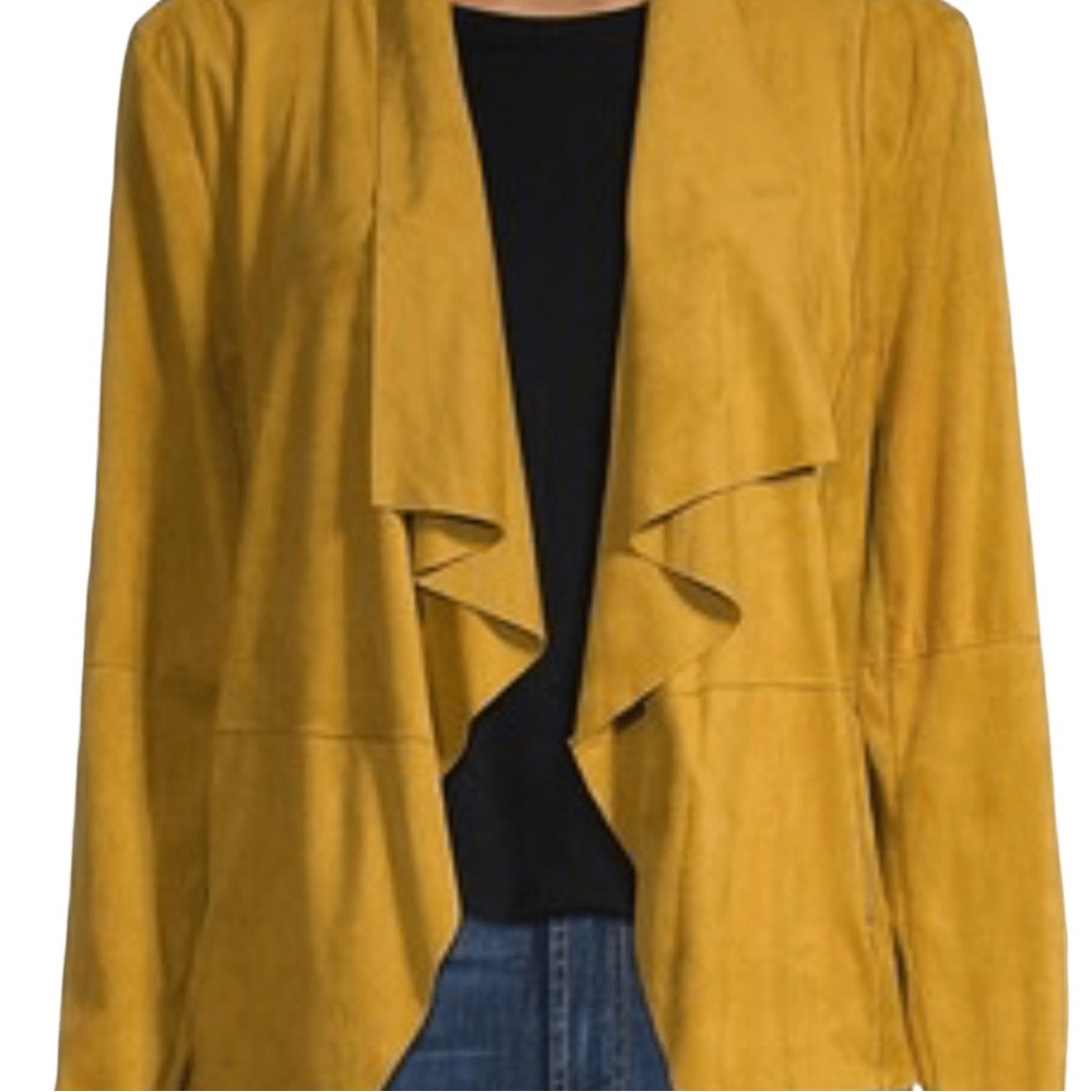 Drape Front Yellow Faux-Suede Bagatelle Jacket with Zip Pockets